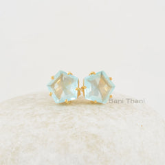 Aqua Quartz Studs 11x11mm Star Shape Gemstone Earrings, Aqua Quartz Gold Plated Silver Prong Set Studs Jewelry, Engagement Gift For Her