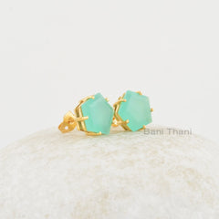 Aqua Chalcedony Studs Earrings - 925 Sterling Silver - Rose Gold Plated Studs - 11x11mm Prong Set Star - Gift For Her - Jewelry For Healing