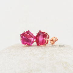 Pink Tourmaline Studs Earrings - Solid Silver - Gold Plated Stud - 11x11mm Prong Set Hexagon - Gift For Bridesmaid - Jewelry For A Mom
