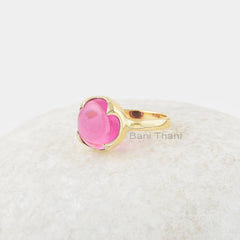 Pink Tourmaline Ring - 12mm Round Gemstone Ring - Gold Plated Ring - 925 Solid Silver Ring - Statement Ring - Ring for Women - Gift for Her