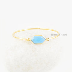 Elegant Bracelet, Blue Chalcedony 9x18mm Hexagon Gemstone Silver Bangle, Chalcedony Gold Plated Bezel Set Bracelet, Gift For Girlfriend
