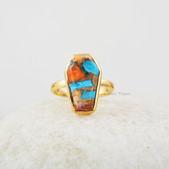 Coffin Ring, Oyster Copper Turquoise 10x17mm Coffin Shape Gemstone Silver Ring, Oyster Copper Bezel Set Gold Plated Ring, Ring For Women
