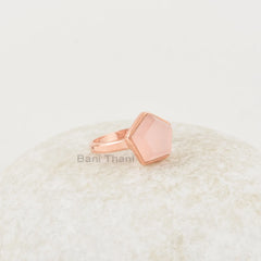 Elegant Pink Chalcedony 11mm Star Shape Gemstone Ring, Rose Gold Sterling Silver Handmade Bezel Ring, Statement Ring, Bohemian Silver Rings