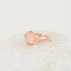 Elegant Pink Chalcedony 11mm Star Shape Gemstone Ring, Rose Gold Sterling Silver Handmade Bezel Ring, Statement Ring, Bohemian Silver Rings