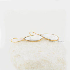 White Howlite Earrings, White Howlite 8x25mm Pear Shape Gold Plated Silver Gemstone Earrings, Elegant Long Drop Hook Earrings For Girls