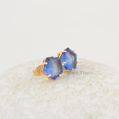 Blue Sapphire Studs Earrings, Sapphire Quartz 11x11mm Star Shape Gold Plated Gemstone Studs Earrings, Beautiful Prong Set Studs For Girls