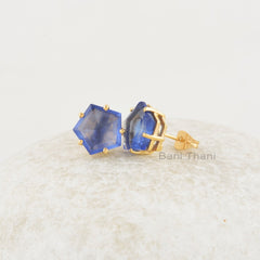 Blue Sapphire Studs Earrings, Sapphire Quartz 11x11mm Star Shape Gold Plated Gemstone Studs Earrings, Beautiful Prong Set Studs For Girls