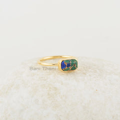 Azurite Ring, Azurite Copper 5x9mm Rectangle Shape Gold Plated Gemstone Ring, Bezel Set Silver Gemstone Ring, Beautiful Ring Gift For Her