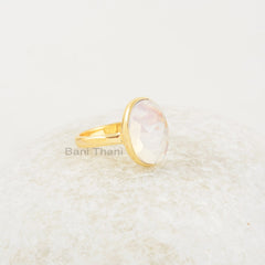 Elegant Opalite Ring, Opalite 10x14mm Oval Shape Gold Plated Gemstone Silver Ring, Light Blue Fire Opalite Faceted Bezel Engagement Ring