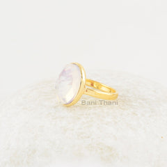 Elegant Opalite Ring, Opalite 10x14mm Oval Shape Gold Plated Gemstone Silver Ring, Light Blue Fire Opalite Faceted Bezel Engagement Ring