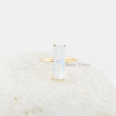 Opalite Quartz 6x18mm Rectangle Shape Ring, Gold Micron Stylish Prong Set Silver Ring, Blue Fire Gemstone Ring
