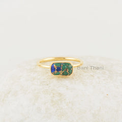 Azurite Ring, Azurite Copper 5x9mm Rectangle Shape Gold Plated Gemstone Ring, Bezel Set Silver Gemstone Ring, Beautiful Ring Gift For Her