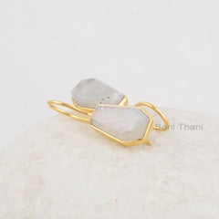 Coffin Shape Earrings, Rainbow Moonstone 9x15mm Sterling Silver Earrings, 18K Gold Plated Earrings, Long Earrings For Women, Gift For Her