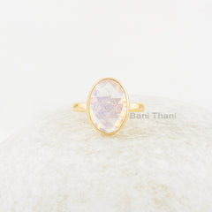 Elegant Opalite Ring, Opalite 10x14mm Oval Shape Gold Plated Gemstone Silver Ring, Light Blue Fire Opalite Faceted Bezel Engagement Ring