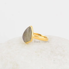 Elegant Labradorite Ring, Labradorite 9x14mm Kite Shape Gemstone Bezel Set Ring, 18k Gold Plated Silver Ring, Christmas Day Gift For Her