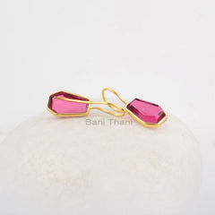 Pink Tourmaline Earrings, 9x15mm Coffin Shape Gold Plated Gemstone Earrings, 925 Sterling Silver Dangle Earrings Gift For Anniversary