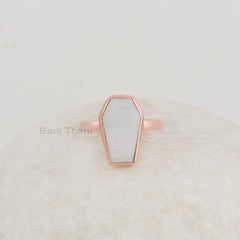 Rainbow Moonstone Ring - 925 Silver Ring - Rose Gold Ring - 9x15mm Coffin - Birthstone Jewelry - Gift for New Beginning - Jewelry for Friend