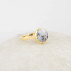 Dendritic Opal Ring, Dendritic Opal 10mm Round Gemstone Ring, 18k Micron Gold Plated Ring, 925 Silver Multicolor Ring, Black And White Ring