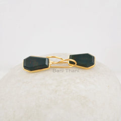 Coffin Earrings, Bloodstone 9x15mm Coffin Bezel Set Gemstone Earrings, 18K Gold Plated Silver Dangle Earrings, Gift For Girlfriend
