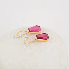 Pink Tourmaline Earrings, 9x15mm Coffin Shape Gold Plated Gemstone Earrings, 925 Sterling Silver Dangle Earrings Gift For Anniversary