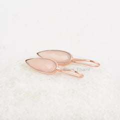 Pink Chalcedony 8x25mm Pear Shape Gemstone Earrings, 925 Sterling Silver Earrings, Rose Gold Plated Drop Hook Earring, Best for Women