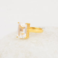 Rectangle Crystal Quartz, Crystal Quartz 8x12mm Rectangle Shape Gemstone, Micron Gold Plated Ring, 925 Sterling Silver Prong Rings For Gift