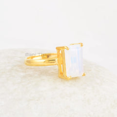 Rectangle Opalite Ring - 8x12mm Gemstone Ring - Micron Gold Plated Ring - 925 Solid Silver - Prong Ring - Womens Gift Jewelry - Dainty Ring