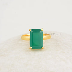 Green Onyx Ring - 8x12mm Rectangle - Gold Plated Ring - 925 Silver - Handcrafted Ring - Indian Jewelry - Jewelry for Girls - Gift for Teens