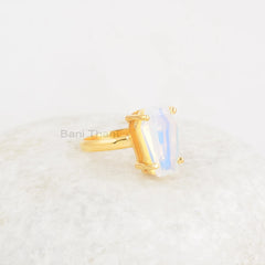 Opalite Silver Ring, Opalite Quartz 9x15mm Coffin Shape Gemstone Ring, Prong Set Coffin Ring, Handmade Silver Jewelry For Christmas Gift