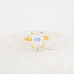 Opalite Silver Ring, Opalite Quartz 9x15mm Coffin Shape Gemstone Ring, Prong Set Coffin Ring, Handmade Silver Jewelry For Christmas Gift