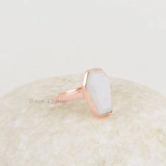 Rainbow Moonstone Ring - 925 Silver Ring - Rose Gold Ring - 9x15mm Coffin - Birthstone Jewelry - Gift for New Beginning - Jewelry for Friend