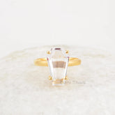 Crystal Quartz Ring, Crystal Quartz 9x15mm Coffin Shape Gemstone, Micron Gold Plated Quartz Ring, 925 Sterling Silver Prong Rings For Gift