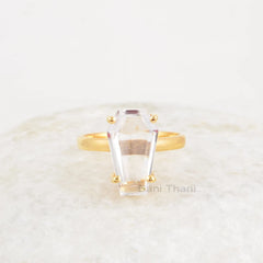 Crystal Quartz Ring, Crystal Quartz 9x15mm Coffin Shape Gemstone, Micron Gold Plated Quartz Ring, 925 Sterling Silver Prong Rings For Gift