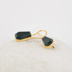 Coffin Earrings, Bloodstone 9x15mm Coffin Bezel Set Gemstone Earrings, 18K Gold Plated Silver Dangle Earrings, Gift For Girlfriend