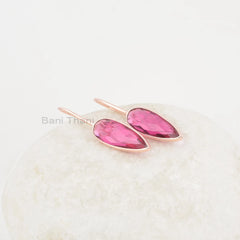 Pink Tourmaline Earrings, 8x25mm Pear Shape Rose Gold Plated Gemstone Earrings, 925 Sterling Silver Dangle Earrings Gift For Anniversary
