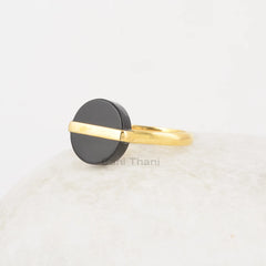 Black Onyx Ring - 925 Sterling Silver - Gold Plated Ring - Flat Round Stone - Party Jewelry - Jewelry For The Traveler - Gift For Young Lady