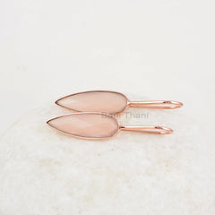 Pink Chalcedony 8x25mm Pear Shape Gemstone Earrings, 925 Sterling Silver Earrings, Rose Gold Plated Drop Hook Earring, Best for Women