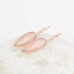 Pink Chalcedony 8x25mm Pear Shape Gemstone Earrings, 925 Sterling Silver Earrings, Rose Gold Plated Drop Hook Earring, Best for Women