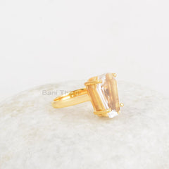 Crystal Quartz Ring, Crystal Quartz 9x15mm Coffin Shape Gemstone, Micron Gold Plated Quartz Ring, 925 Sterling Silver Prong Rings For Gift