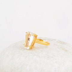 Crystal Quartz Ring, Crystal Quartz 9x15mm Coffin Shape Gemstone, Micron Gold Plated Quartz Ring, 925 Sterling Silver Prong Rings For Gift
