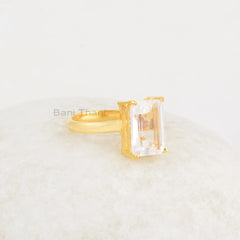 Rectangle Crystal Quartz, Crystal Quartz 8x12mm Rectangle Shape Gemstone, Micron Gold Plated Ring, 925 Sterling Silver Prong Rings For Gift