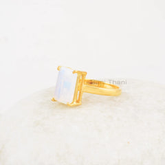 Rectangle Opalite Ring - 8x12mm Gemstone Ring - Micron Gold Plated Ring - 925 Solid Silver - Prong Ring - Womens Gift Jewelry - Dainty Ring