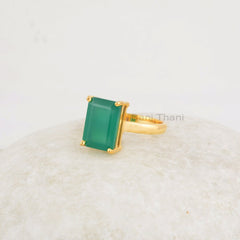 Green Onyx Ring - 8x12mm Rectangle - Gold Plated Ring - 925 Silver - Handcrafted Ring - Indian Jewelry - Jewelry for Girls - Gift for Teens