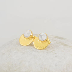White Howlite Stud Earrings - Rose Gold Plated Studs - 925 Silver - 7mm Round - Statement Jewelry - Jewelry For Student - Gift For Wholesale