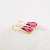 Pink Tourmaline Earrings, 9x15mm Coffin Shape Gold Plated Gemstone Earrings, 925 Sterling Silver Dangle Earrings Gift For Anniversary