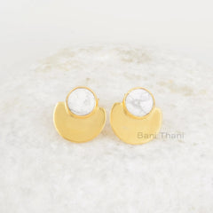 White Howlite Stud Earrings - Rose Gold Plated Studs - 925 Silver - 7mm Round - Statement Jewelry - Jewelry For Student - Gift For Wholesale