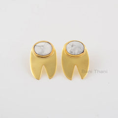 White Howlite Stud Earrings - Handcrafted Studs - Pure Silver - 8X10mm Oval - Artisan Jewelry - Jewelry For New Mom - Gift For Bride