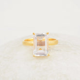Rectangle Crystal Quartz, Crystal Quartz 8x12mm Rectangle Shape Gemstone, Micron Gold Plated Ring, 925 Sterling Silver Prong Rings For Gift