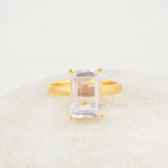 Rectangle Crystal Quartz, Crystal Quartz 8x12mm Rectangle Shape Gemstone, Micron Gold Plated Ring, 925 Sterling Silver Prong Rings For Gift