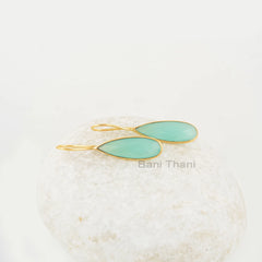 Aqua Chalcedony 8x25mm Pear Shape Gold Plated Silver Earrings, Chalcedony Bezel Set Long Drop Hook Gemstone Dangle Earrings, Wedding Jewelry
